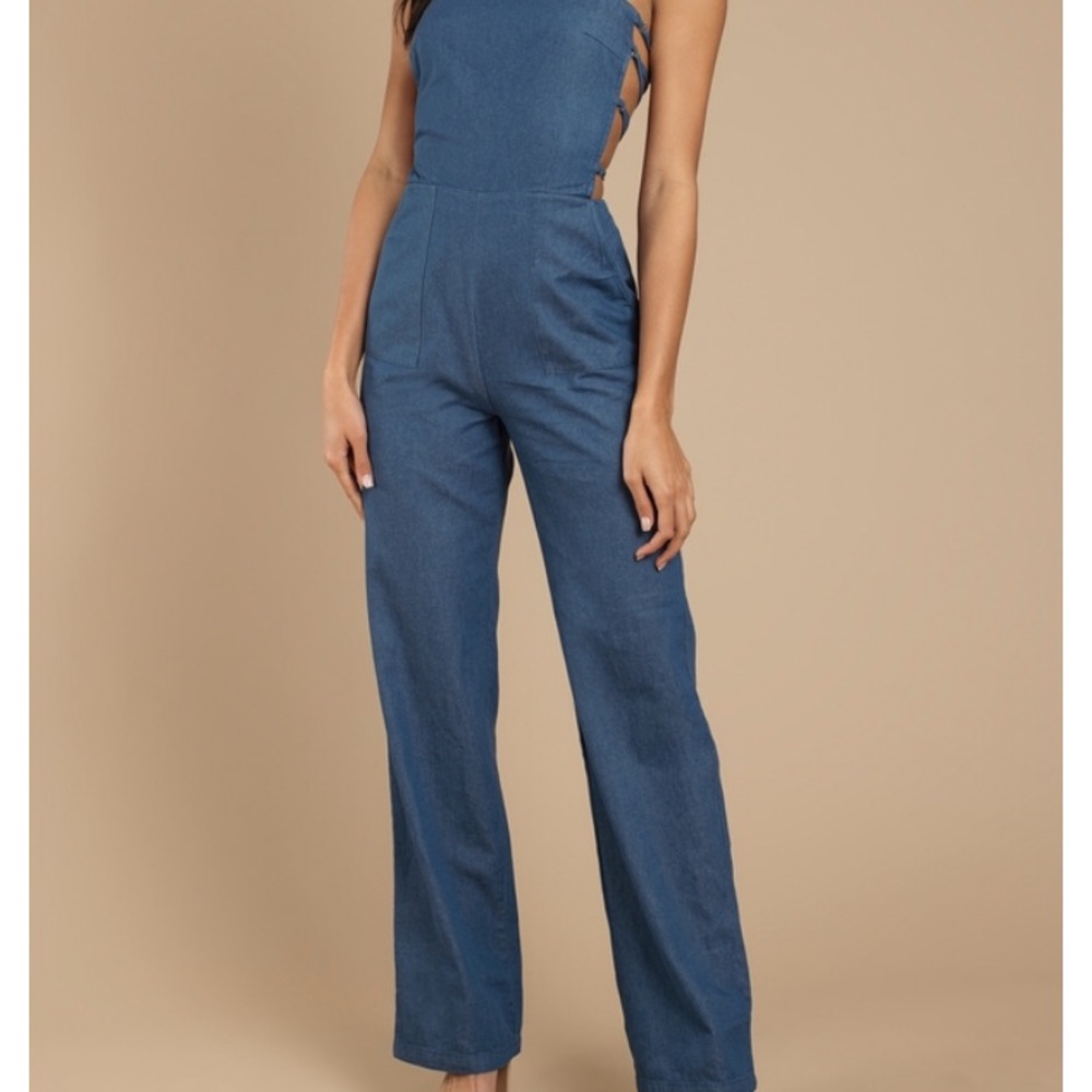 Strapless jean material jumpsuit